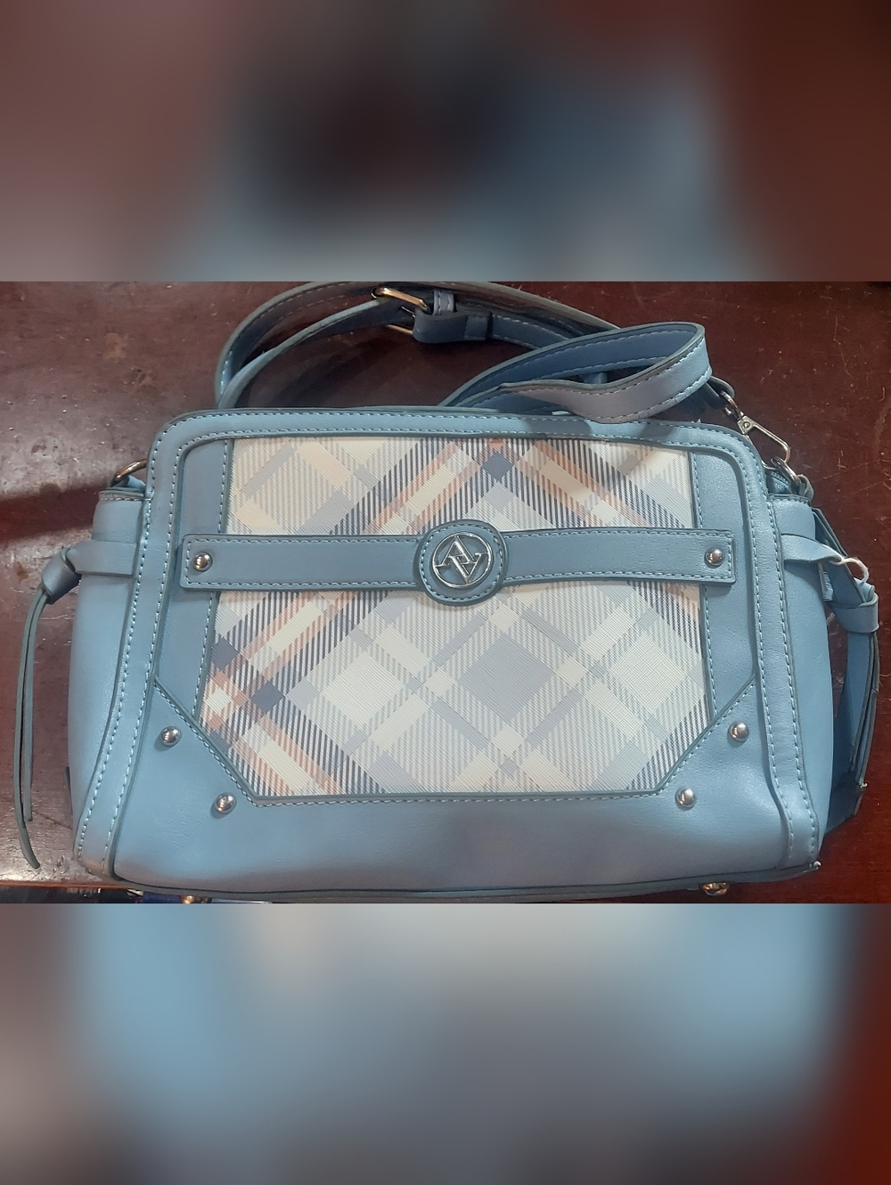 Adrienne Vittadini Light Blue Plaid Crossbody Bag with Logo Accent